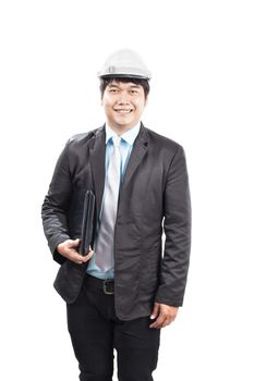 engineering man holding laptop computer and wearing white safety helmet with smiling face isolated background use for portrait people occupation