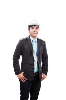 engineering man wearing white safety helmet standing and smiling to camera isolated white background