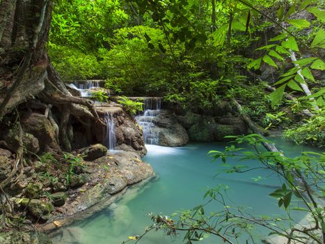 lime stone water fall in arawan water fall national park kanchanaburi thailand use for natural background 