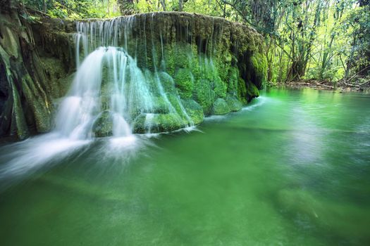 lime stone water fall in arawan water fall national park kanchanaburi thailand use for natural background 