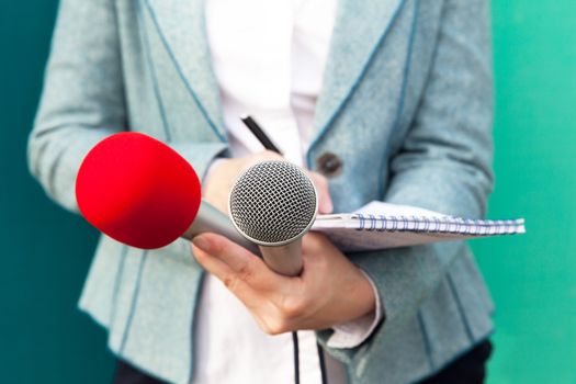 Female reporter taking notes at news conference