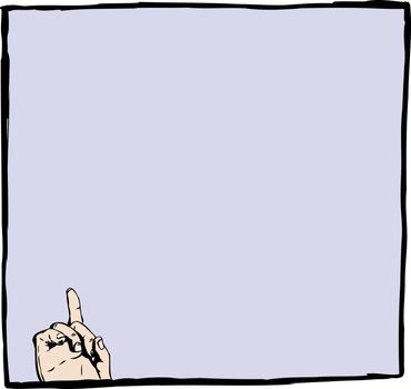 Single index finger pointing up from corner of blank blue frame with copy space