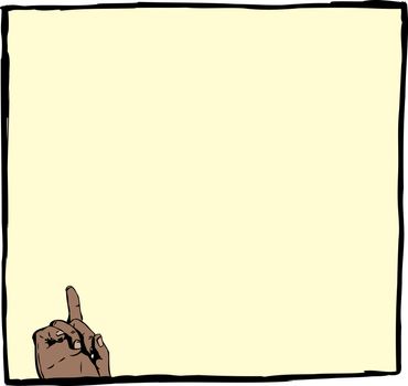 Single index finger pointing up from corner of blank frame with copy space over yellow