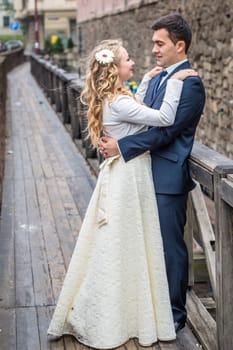 newlyweds strolling around the city. Just married