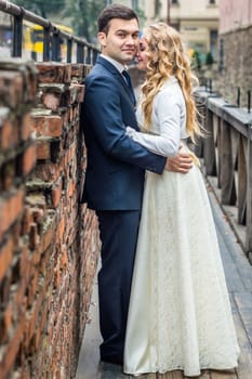 newlyweds strolling around the city. Just married