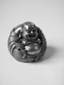 BLACK AND WHITE PHOTO OF LAUGHING BUDDHA