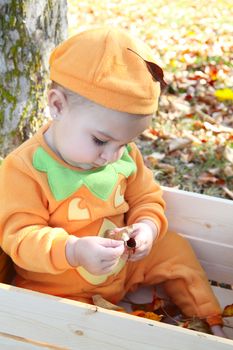 Baby girl dressed in a pumpkin halloween costume