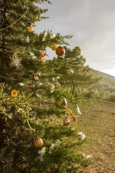 Decorated Christmas tree in the forest at nature background.