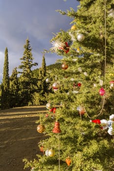 Decorated Christmas tree in the forest at nature background.