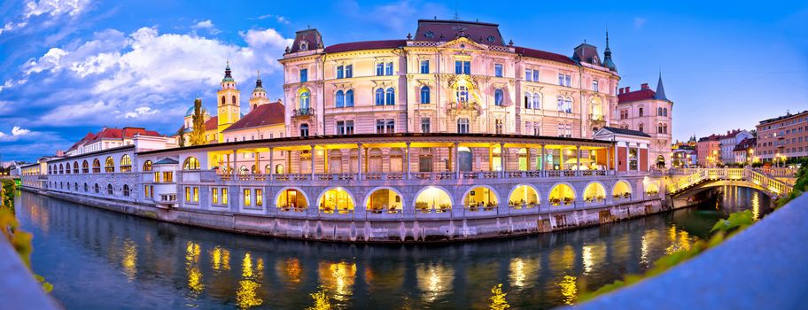 Ljubljana riverfront panorama evening view, capital of Slovenia