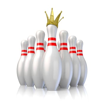 Bowling pins arranged and one with royal crown. 3D render illustration isolated on white background