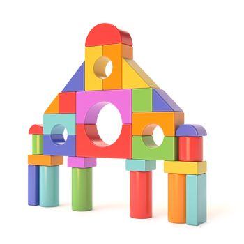 Plastic toy blocks, little castle front. 3D render illustration isolated on white background