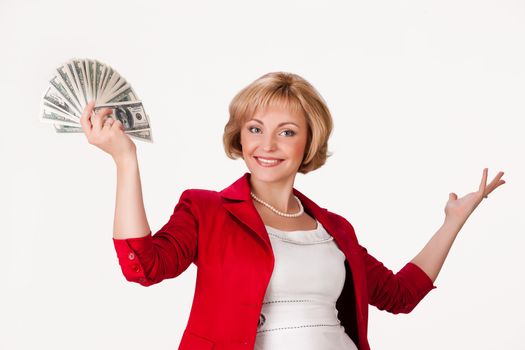 Young woman with a bunch of dollar banknotes