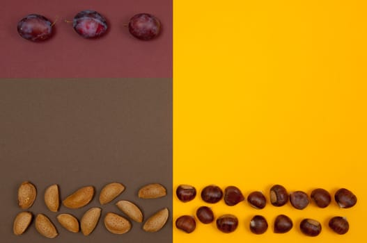 In shell raw nuts and fruits in row isolated on an orange brown claret split background