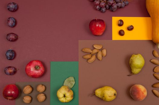 Organic autumn fruits and nuts isolated on split background with copy space