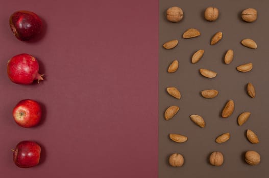 Organic autumn fruits and nuts isolated on split background with copy space
