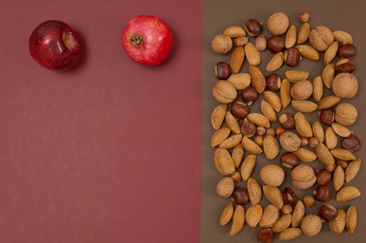 Organic autumn fruits and nuts isolated on split background with copy space