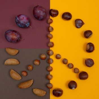Peace symbol of in shell nuts and autumn fruits on split background