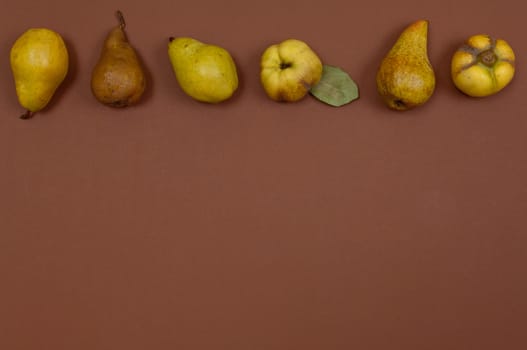 Green pears and quince in row on brown background with copy space