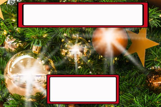 Christmas card with christmas decoration as background. Bokeh effect and free text space.