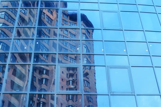 displaying a multistory building in a glass office building