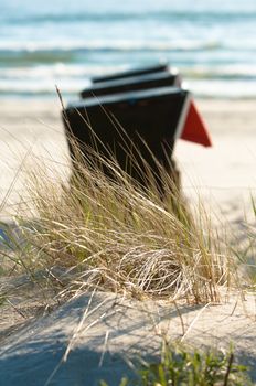 Strandkorb, Strandkoerbe in Rugen, Germany, Beach chairs on the sandy beach in Binz