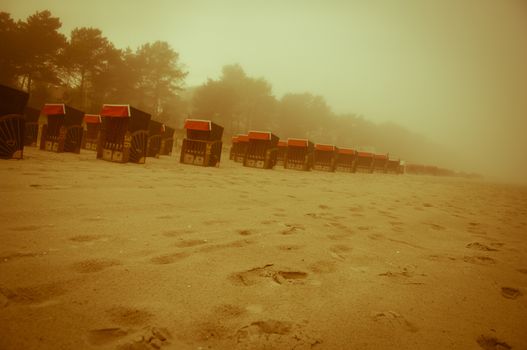 Strandkrbe, Beach chairs on beach at Binz seaside resort on Rugen Island in Germany