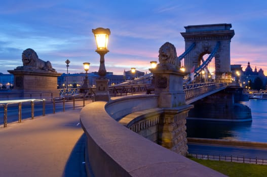 Early morning shot of Budapest with Chain Bridge and Danube river