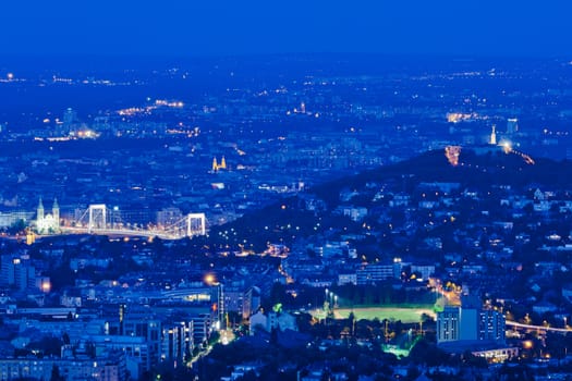 Evening skyline of Budapest with Gellert hill and Elizabeth Bridge, Hungary