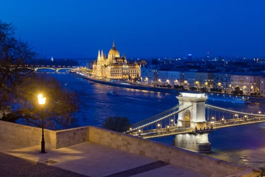 Budapest view with famous landmarks as Chain Bridge and Parliament from taken from Buda Castle