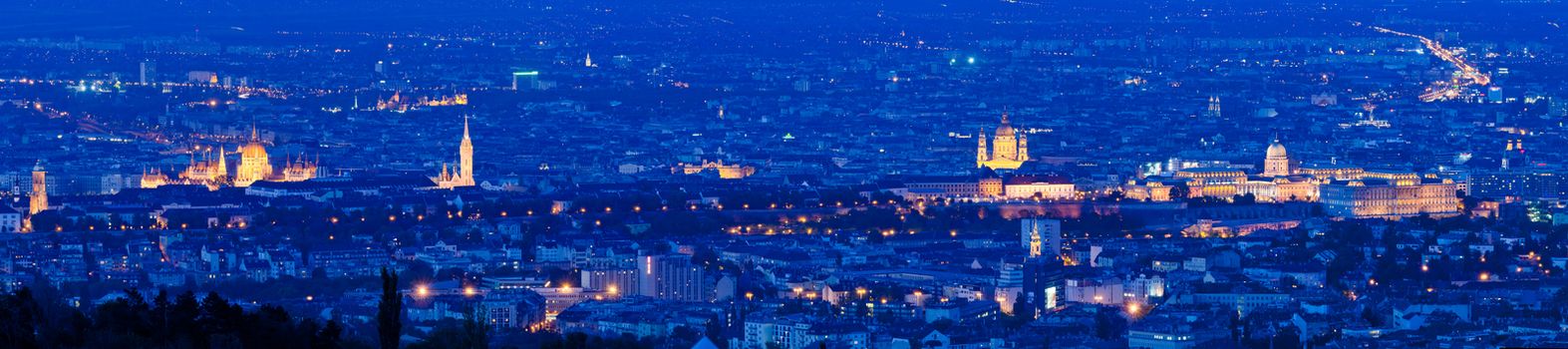 Budapest panorama with famous landmarks, as Parliament Building, Buda Castle Matthias Church and St. Stephen's Basilica, Hungary