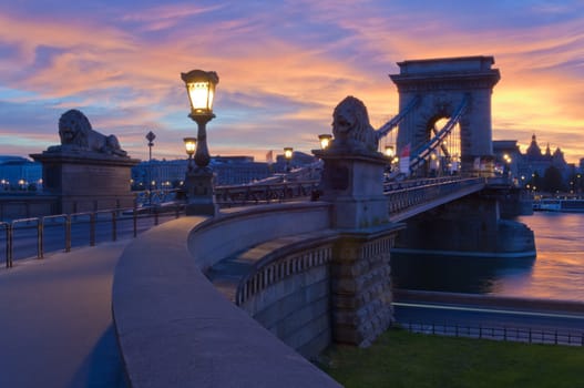 Early morning shot of Budapest with Chain Bridge and Danube river
