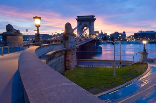 Early morning shot of Budapest with Chain Bridge and Danube river