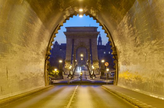 Morning shot of Buda Castle Tunnel and Chain Bridge, Budapest, Hungary