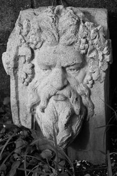 A cement stone green mans face in the leaves, spirit of the woods. b/w