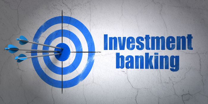 Success currency concept: arrows hitting the center of target, Blue Investment Banking on wall background, 3D rendering