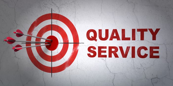 Success business concept: arrows hitting the center of target, Red Quality Service on wall background, 3D rendering