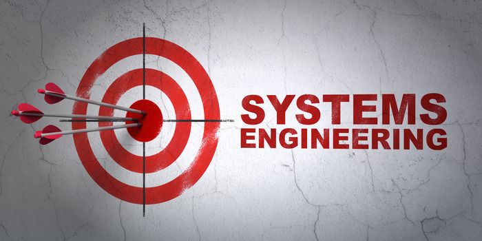 Success Science concept: arrows hitting the center of target, Red Systems Engineering on wall background, 3D rendering