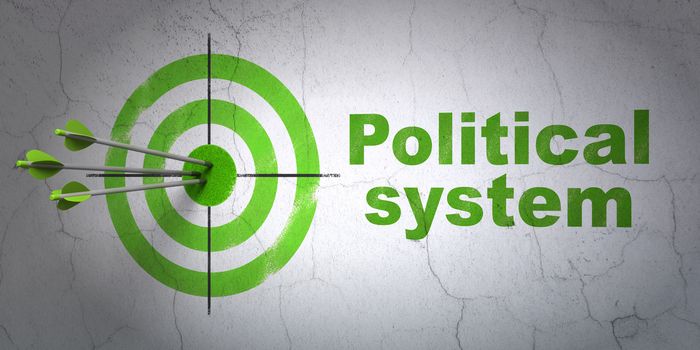 Success politics concept: arrows hitting the center of target, Green Political System on wall background, 3D rendering