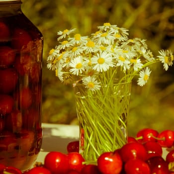Fresh Cherry bottled cherry and daisy flowers on table in spring or summer sunny