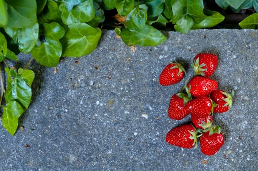 Delicious ripe strawberry  on grey stone flat lay Healthy fruit eating Top view