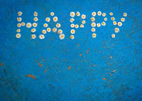 The word Happy written of daisy flowers on a textured, aged, light blue background. top view with copy space