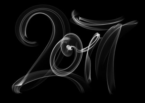 Happy new year 2017 isolated numbers lettering written with white fire flame or smoke on black background.