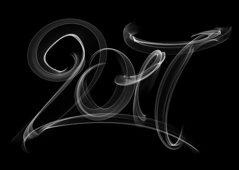 Happy new year 2017 isolated numbers lettering written with white fire flame or smoke on black background.