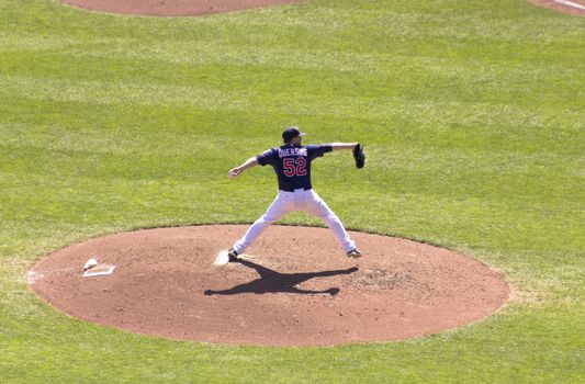 Minneapolis, MN - September 15, 2012: Brian Duensing pitches during a Minnesota Twins game at Target Field.