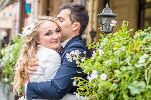 newlyweds strolling around the city. Just married