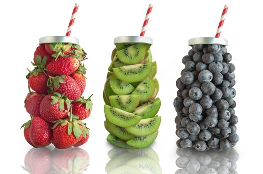 Fruits in the shape of a beverage with straw including strawberries, kiwis, and blueberries