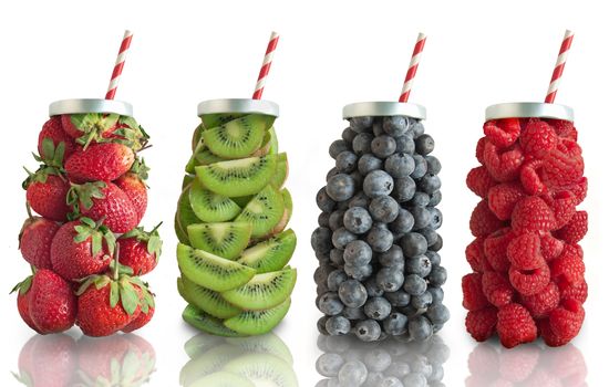 Fruits in the shape of a beverage with straw including strawberries, raspberries, kiwis, and blueberries