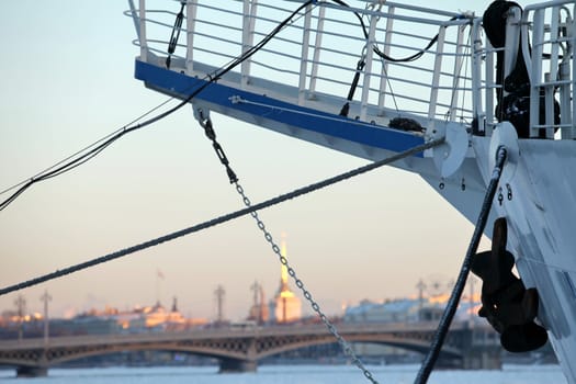 ship in port of northern city In the winter