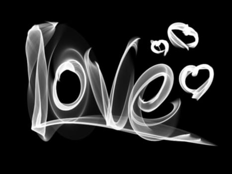 Love isolated word lettering and heart written with fire flame or smoke on black background.